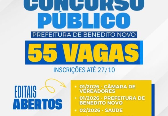📢 CONCURSOS PÚBLICOS E PROCESSO SELETIVO COM INSCRIÇÕES ABERTAS EM BENEDITO NOVO!A Prefeitura d