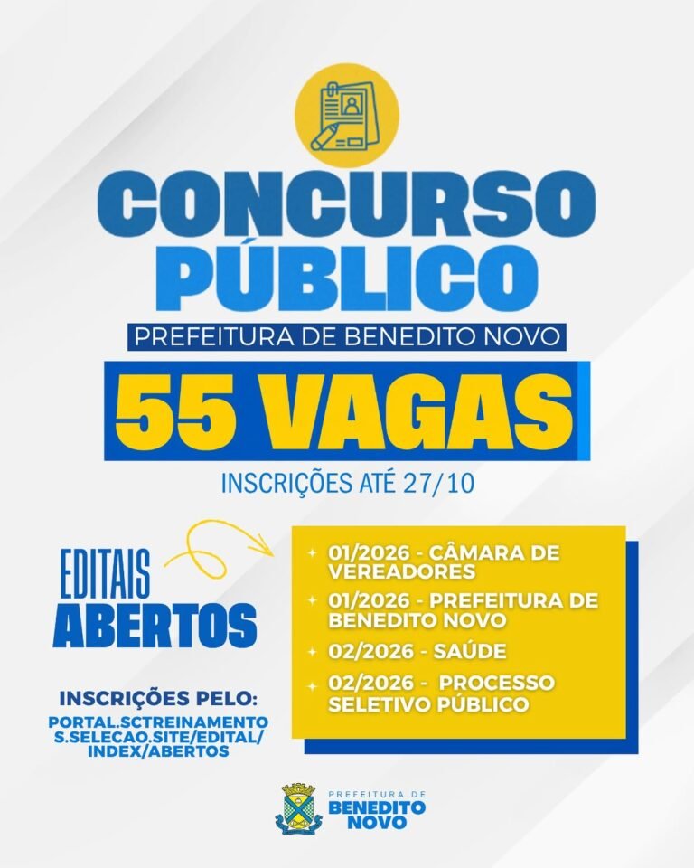 📢 CONCURSOS PÚBLICOS E PROCESSO SELETIVO COM INSCRIÇÕES ABERTAS EM BENEDITO NOVO!A Prefeitura d